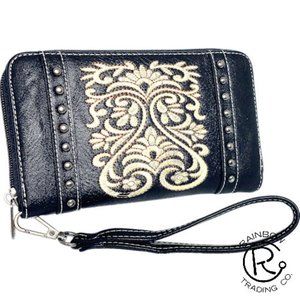 NWT Embroidered Studded Faux Leather Wristlet